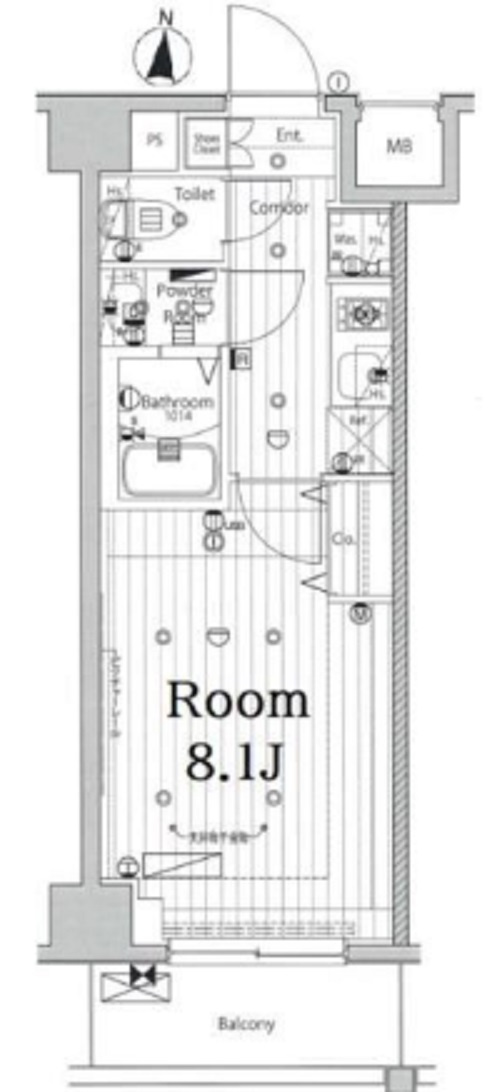 メイクス池上LUCEの間取り|南向きバルコニーの明るい洋室8.1帖1Kバストイレ別独立洗面台！