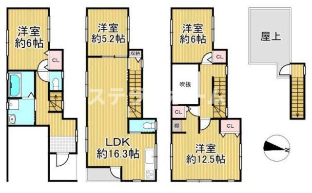 鳥飼西4 中古戸建の間取り|屋上付きの戸建です