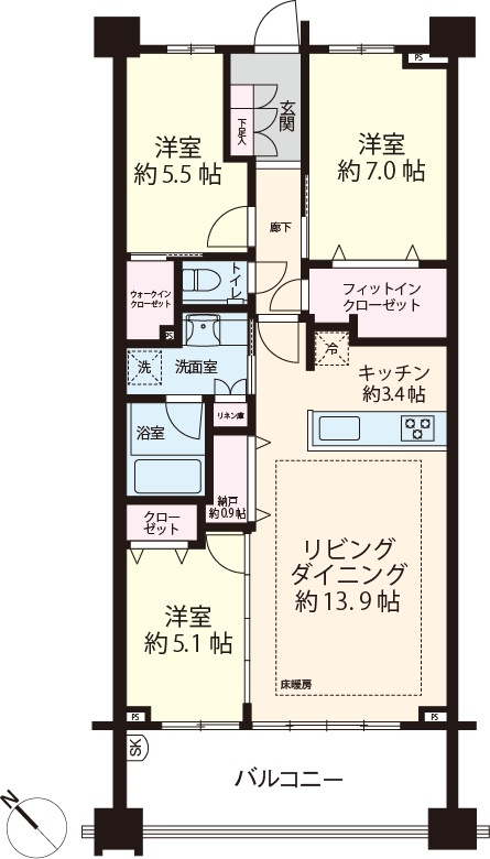 最上階4階住戸。陽当たり良好。LDKと隣接した洋室は、ウォールドアを開放して約22.4帖の大型LDKとしてもお使いいただける仕様です。