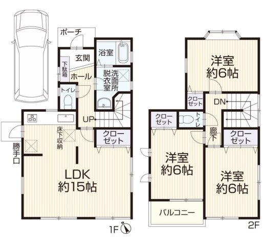 【間取り】 | 下九沢中古戸建 | 3LDKは、リビングダイニングキッチンと3つの居室がある間取り。ファミリー層に非常に人気の高い間取りで、広々としたリビングで家族団らんを楽しみ、個室でプライベートな時間も確保できるのが大きな魅力です。