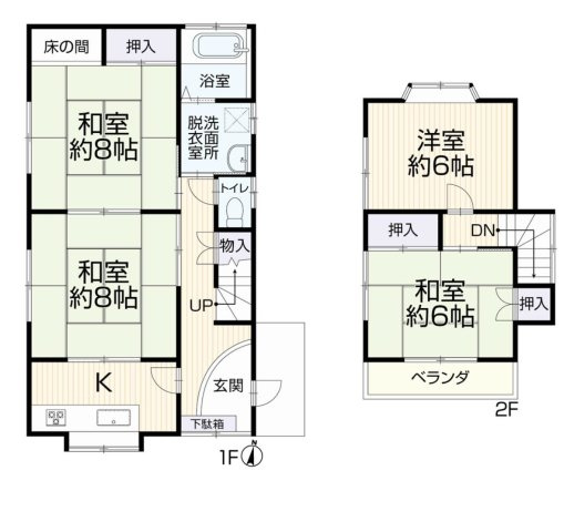 【間取り】 | 大島中古戸建 | 4Kは、キッチンと4つの居室がある間取りで、大家族や二世帯住宅、シェアハウスにも適しています。それぞれのプライベート空間を確保し、共同生活を送ることができ、収納スペースも十分に確保できるのが魅力です。