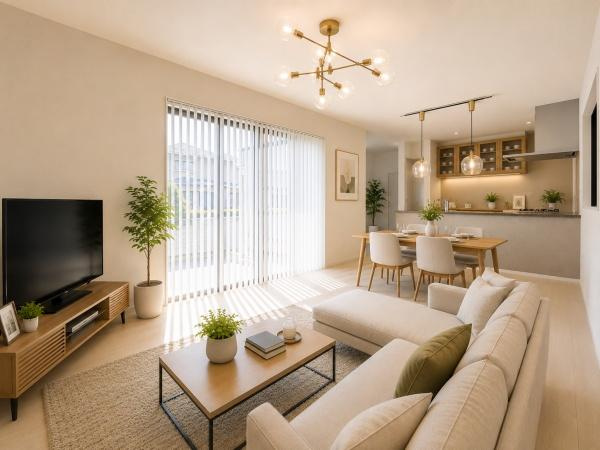 横浜市緑区北八朔町の新築一戸建の居間・リビング|自慢したくなるリビング！
形も良く家具の配置にも困りません。
※家具等はＣＧでの参考レイアウトです。