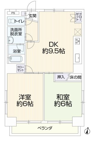 【間取り】 | スカイハイツ横山 １０２ | 2DKは、ダイニングキッチンと二つの居室がある間取りです。夫婦やカップル、小さなお子さんのいるご家庭などにに向いています。食事スペースとくつろぎの場を分けられ、それぞれの個室も確保できるのが魅力です。