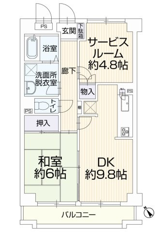 【間取り】 | クオーレ相武台 ４０２ | 1SDKは、キッチン、居室、サービスルームとダイニングを備えた素敵な間取りです。食事やくつろぎの空間を分け、収納や趣味のスペースも確保できます。一人暮らしでも、より快適で充実した生活を送れるでしょう。