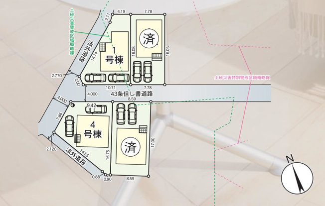 【区画図】 | 元八王子新築戸建 | 区画図は、土地の形状、境界、道路との関係を詳細に示す図面土地の正確な位置、面積、形状を把握し購入や建築計画の判断に不可欠です。区画整理や開発状況も示され、将来的な土地利用のイメージを掴む上でも重要。