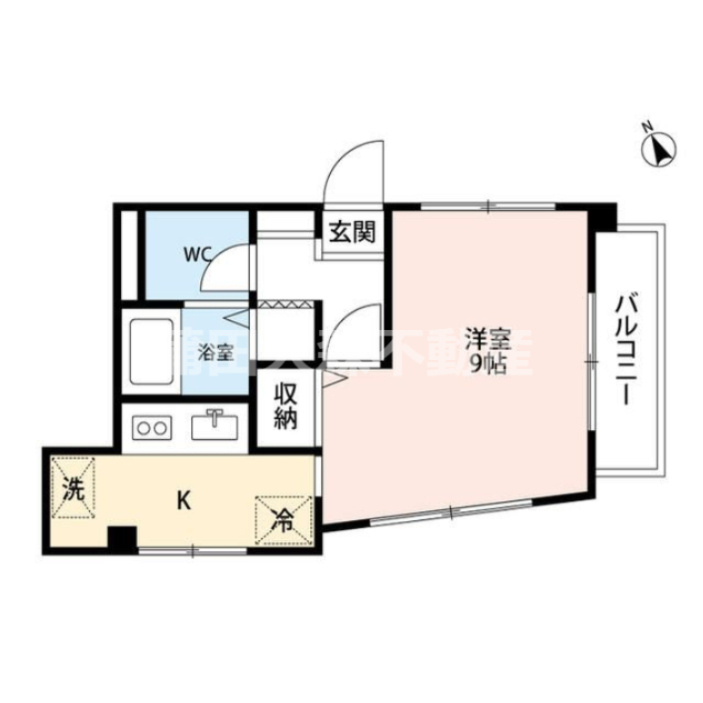 マンションＨＫＭの間取り|最上階角部屋！南東向きバルコニー3面角部屋！洋室9帖の1Kバストイレ別