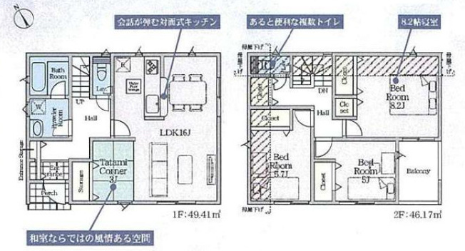 【間取り】 | 宮下町新築戸建 | 3LDKは、リビングダイニングキッチンと3つの居室がある間取り。ファミリー層に非常に人気の高い間取りで、広々としたリビングで家族団らんを楽しみ、個室でプライベートな時間も確保できるのが大きな魅力です。