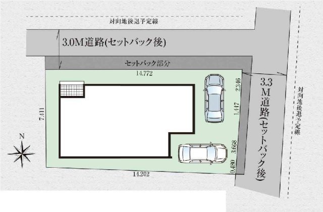新築　高崎市昭和町　GRAFARE　１号棟の区画図|1号棟　区画図　北側接道幅員約3ｍ　東側接道幅員約3.3ｍ
