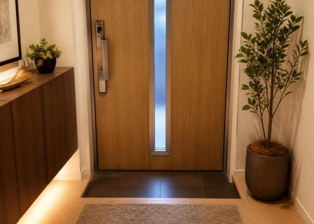 【玄関】 | 宮下町新築戸建 | ご家族分の靴を綺麗に整理できるシューズボックスを備えた玄関エリアです。すっきりとした空間で来客を気持ちよく迎えられます。姿見を配置すればお出かけ前の身だしなみチェックにも重宝する作りとなっております。