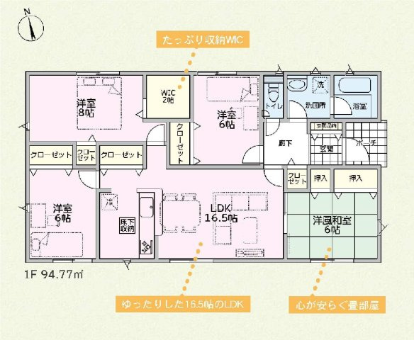 新築　太田市新田上江田町第２　クレイドルガーデン　１号棟の間取り|建物面積94.77㎡　全居室6帖以上・4LDKの平屋のお家♪2帖のウォークインクローゼット・各部屋収納付きで便利です！