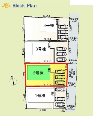 新築　太田市新田上江田町第２　クレイドルガーデン　2号棟の区画図|2号棟　区画図　東側接道幅員約4.6ｍ			
	
