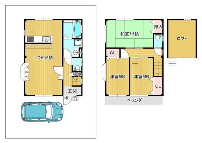 【間取り】 | 東大阪市南上小阪 | 【3LDK＋駐車スペース】室内リフォーム済み☆バス追炊機能・浴室乾燥機・TVモニターホン完備☆トイレ2ヶ所♪オープンロフト付きです♪
