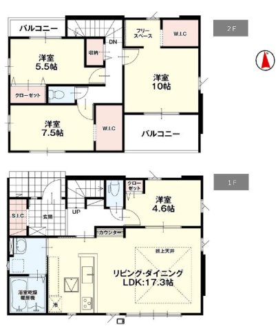 新築　伊勢崎市北千木町1期　１号棟の間取り|建物面積112.10㎡　シューズインクローク・ウォークインクローゼット・フリースペース・各部屋収納付きで便利です！インナーバルコニーなので突然の雨でもお洗濯物も安心です♪
