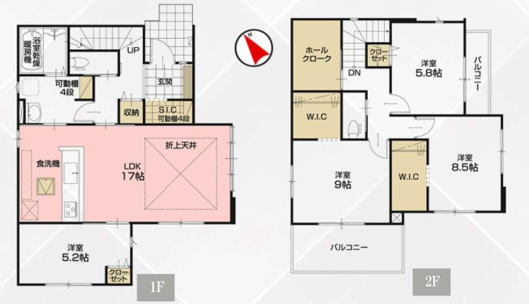 蓮田市緑町14期　新築一戸建て　リガーレの間取り|折上天井を施した開放感溢れる１７帖リビングで豊かな家族時間♪