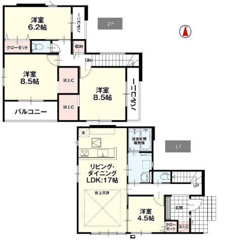 新築　伊勢崎市北千木町1期　2号棟の間取り|建物面積113.56㎡　シューズインクローク・ウォークインクローゼット・各部屋収納付きで便利です！インナーバルコニーなので突然の雨でもお洗濯物も安心です♪
