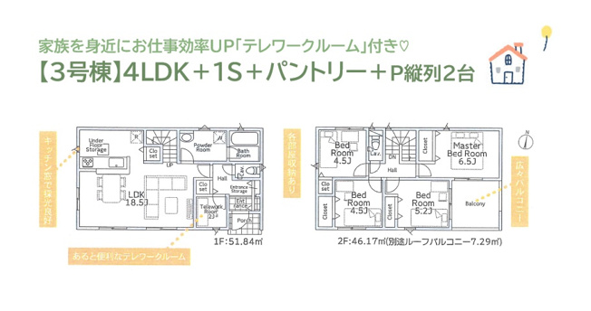 【間取り】 | お仕事効率がUPする「テレワークルーム」込みの4SLDK◎　
購入後も安心・安全に暮らせる耐震等級3取得！
返済計画が立てやすい「フラット35S」ご利用可能です♪