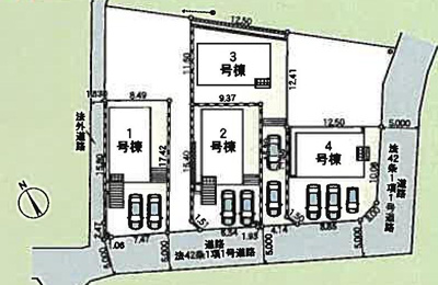 【区画図】 | 中荻野新築戸建 | 区画図は、土地の形状、境界、道路との関係を詳細に示す図面土地の正確な位置、面積、形状を把握し購入や建築計画の判断に不可欠です。区画整理や開発状況も示され、将来的な土地利用のイメージを掴む上でも重要ね。