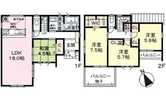 【間取り】 | 東広島市西条町寺家字梶永（全2区画）No2【外構工事込み】 | 18.0帖の広々としたLDKに4.5帖の和室が隣接する開放的な間取り。2階の主寝室には収納力のあるWICを備え、全居室に収納を設けた、生活動線と整理整頓のしやすさに配慮した4LDKプランです。