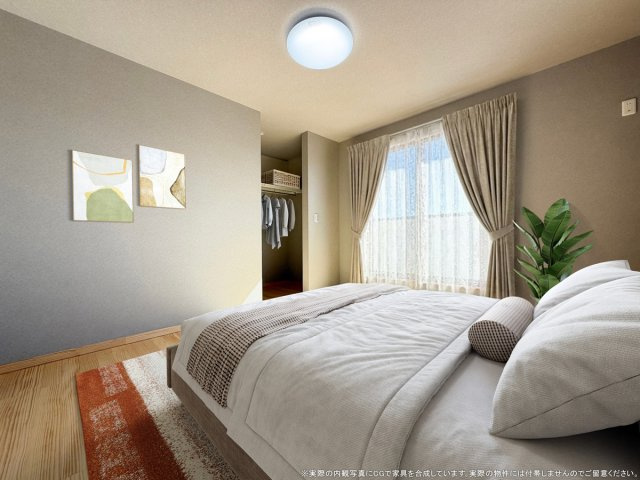 【寝室】 | ワイウッドコート北本市中丸第6期　新築住宅 | 【主寝室　CG家具設置イメージ】
※画像に含まれる家具家電はCGで作成したイメージです。