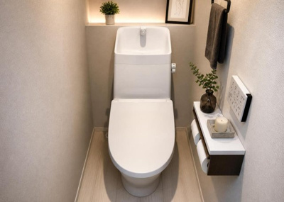 【トイレ】 | 川口町新築戸建 | 1階と2階の2ヶ所に温水洗浄便座付きトイレを設置しています。朝の忙しい時間帯も家族で混雑せず快適に使用できます。清潔感のあるインテリア仕様となっておりますので、現地で設備をご確認いただけます。