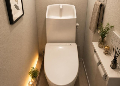 【トイレ】 | 散田町新築戸建 | 清潔感あふれるトイレは温水洗浄便座を標準装備。本物件は1階と2階の2ヶ所にトイレを設置しているため、朝のラッシュ時や夜間のご利用もスムーズで、ご家族皆様がストレスなく過ごせる設計です。
