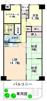 【間取り】 | メロディハイム茨木D棟 | ■メロディハイム茨木D棟■人気の2階部分！■角住戸■陽光あふれる南向きバルコニーには専用庭がありガーデニングを楽しむことができます■階下に居室がないので階下を気にせず、お子様がのびのび走り回れます。