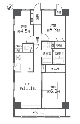 コスモ大宮公園の間取り|【コスモ大宮公園】・3LDK・専有面積63.80m2・バルコニー面積5.22m2