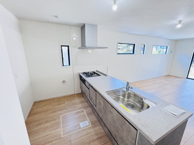 柏市篠籠田新築戸建（篠籠田５期）のキッチン|お手入れしやすいレンジフード・シンクの水栓には浄水器がついてます！