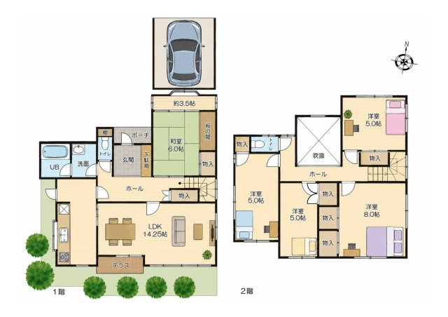 つつじが丘6丁目　中古住宅の間取り|1階にLDKと和室、2階には洋室4部屋を配置した5LDK。吹抜けが住まいに開放感をもたらし、全居室収