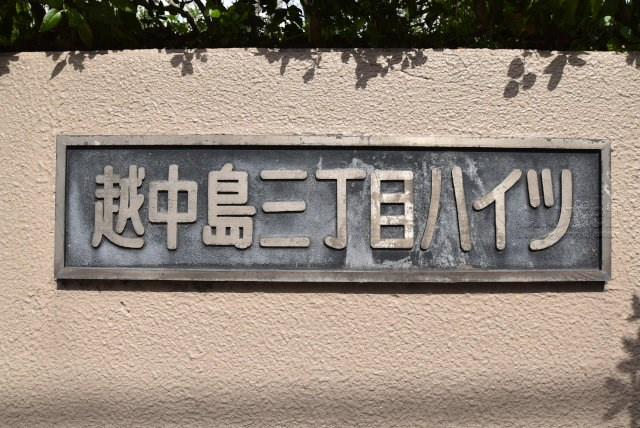 【現況写真】 | 越中島3丁目ハイツ1号棟 | エントランスに掲げられた、マンション名を示す館銘板。さほど激しく主張はしませんが、しっかりと掲示されています。～即日のご見学可能～　お問合せはお気軽にどうぞ。
