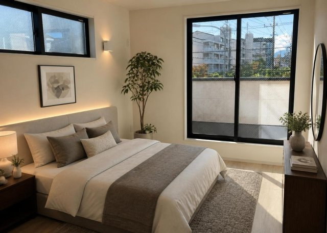 【寝室】 | 元本郷町新築戸建 | 2階6.6帖の洋室は落ち着いた時間を過ごせるプライベート空間。大きな窓からは自然光が差し込み、通風も良好です。クロゼットも配置されており、衣類や身の回りの品をスマートに収納して部屋を広く使えます。