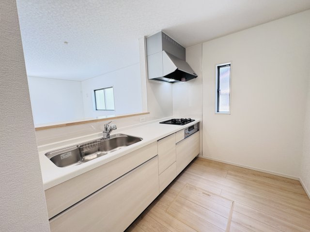 我孫子市湖北台９丁目新築戸建【湖北台西小学校：4分】のキッチン|広々システムキッチン・シンクの水栓には浄水器がついてます！
