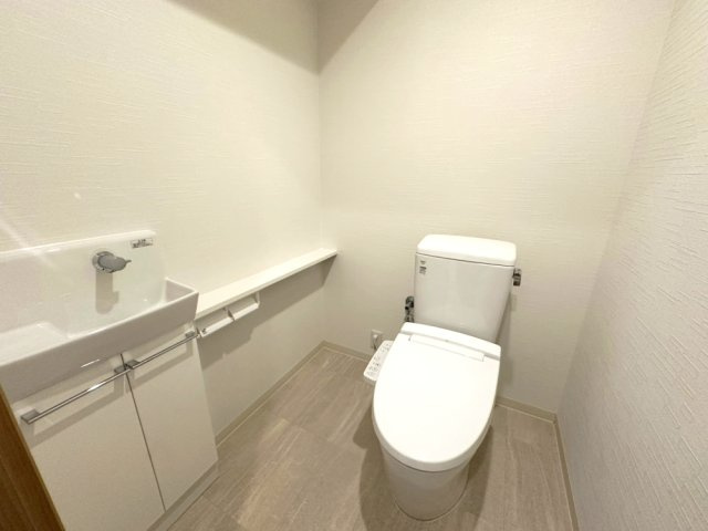 ロイヤル・フェルティ豊中緑丘のトイレ|トイレに収納スペースもあり、隠す収納ができます。スマホを置いたり手すりにも使える棚が便利です。