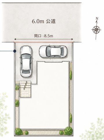 越谷市宮前1丁目　車庫2台新築戸建の区画図|前面道路は広々で一方通行なので車通りも少なく、駐車もラクラク！！