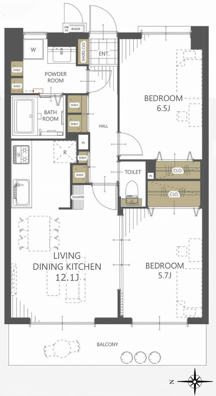 ライオンズガーデン武里の間取り|2LDK 専有面積55.80m2 バルコニー面積9.69m2