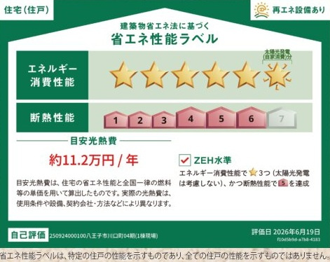 八王子市川口町　04期　全1棟の省エネ性能ラベル|ZEH水準住宅！断熱性に優れた省エネルギーな住宅空間を目指します☆