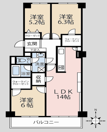 【間取り】 | グリーンコープ南大沢 ５号棟 | 3LDKは、リビングダイニングキッチンと3つの居室がある間取り。ファミリー層に非常に人気の高い間取りで、広々としたリビングで家族団らんを楽しみ、個室でプライベートな時間も確保できるのが大きな魅力です。