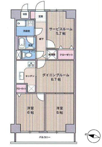 【間取り】 | ローズハイツ相模原 | 2SDKは、キッチン、二つの居室、サービスルームに加え、ダイニングを備えた間取り。食事とくつろぎの空間を分け、収納や趣味のスペースも確保でき、ファミリーやルームシェアにも最適な間取りと言えるでしょう。