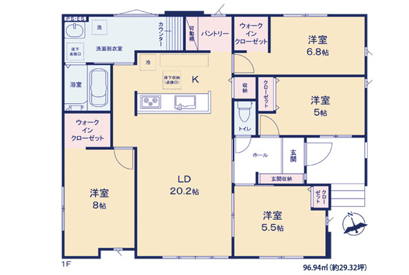 つくば市上横場3期　新築戸建　2号棟の間取り|家族が自然と集まる明るいLDK。お子様ものびのび過ごせる平屋ならではの空間。