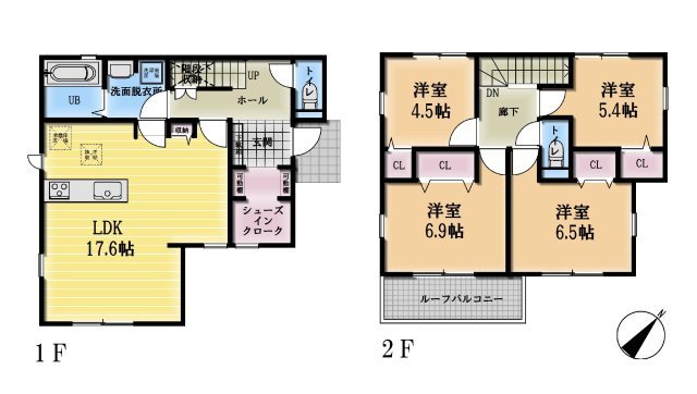 【間取り】 | ◇◆小田原市東町3丁目 新築戸建◆◇ | 【4LDK】1F：LDK17.6帖　2F：洋室6.9帖・6.5帖・5.4帖・4.5帖