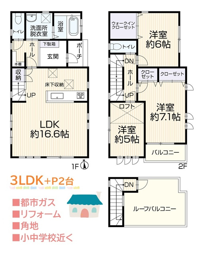 茅ヶ崎市中島　中古戸建　30.25坪の間取り|多彩に使える「ルーフバルコニー」や駐車しやすい「並列P2台」完備！
小中学校近くて、安心です◎