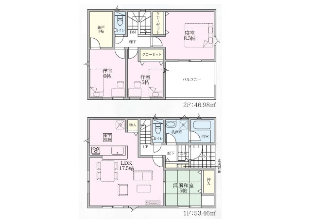 新築　児玉郡上里町神保原町第６　クレイドルガーデン　1号棟の間取り|建物面積100.44㎡　全居室南向き♪3帖の納戸収納・各部屋収納付きで便利です！インナーバルコニーなので急な雨でもお洗濯物も安心です。