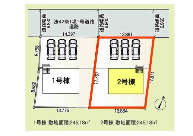 新築　児玉郡上里町勅使河原第18　クレイドルガーデン　1号棟の区画図|1号棟　区画図　北側接道幅員約6.9ｍ
