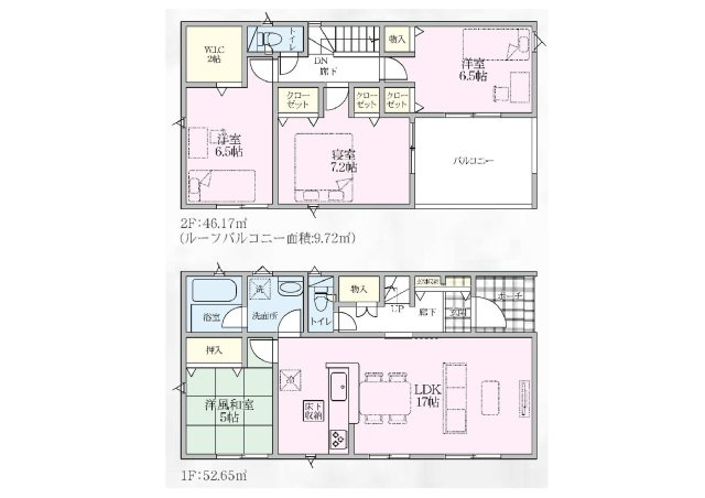 新築　児玉郡上里町黛第１　クレイドルガーデン　6号棟の間取り|建物面積98.82㎡　全居室南向き♪ウォークインクローゼット・各部屋収納付きで便利です！インナーバルコニーなので急な雨でもお洗濯物も安心です。