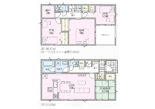 新築　児玉郡上里町黛第１　クレイドルガーデン　7号棟の間取り|建物面積97.20㎡　全居室南向き♪シューズインクローク・２帖の納戸収納・各部屋収納付きで便利です！インナーバルコニーなので急な雨でもお洗濯物も安心です。