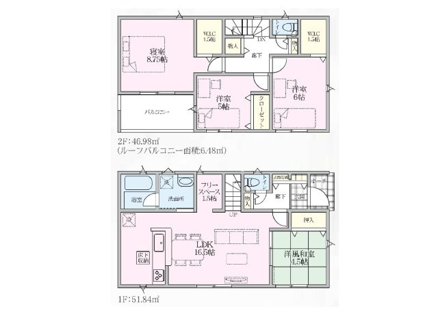 新築　児玉郡上里町黛第１　クレイドルガーデン　8号棟の間取り|建物面積98.82㎡　全居室南向き♪ウォークインクローゼット２か所・フリースペース・各部屋収納付きで便利です！インナーバルコニーなので急な雨でもお洗濯物も安心です。