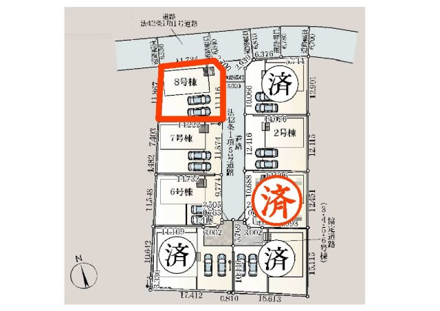 新築　児玉郡上里町黛第１　クレイドルガーデン　8号棟の区画図|8号棟　区画図　北側接道幅員約6.6ｍ
