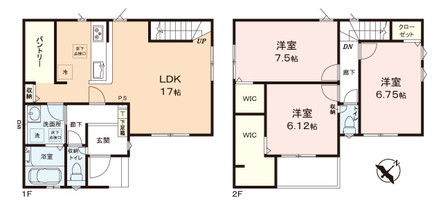 ふじみ野市上福岡５丁目の新築一戸建の間取り|大容量のパントリーや2カ所のウォークインクローゼットなど、収納豊富で住空間もスッキリ！