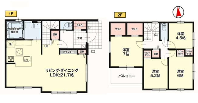 【間取り】 | 高崎市聖石町　新築住宅 | 開放的な21.7帖の大空間LDKに加え、玄関のシューズインクロークや2階のW.I.Cなど豊富な収納を備えた快適な間取りです。