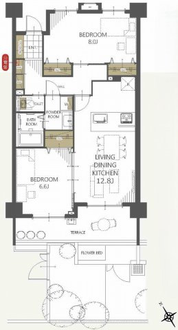 エコヴィレッジ志木の間取り|2LDK ・専有面積64.05m2 ・14.65㎡の広々テラスと2.55㎡のアルコープが付いた角部屋仕様です。全室リノベーション完了によりキレイで快適な住環境で新生活をスタートできます。